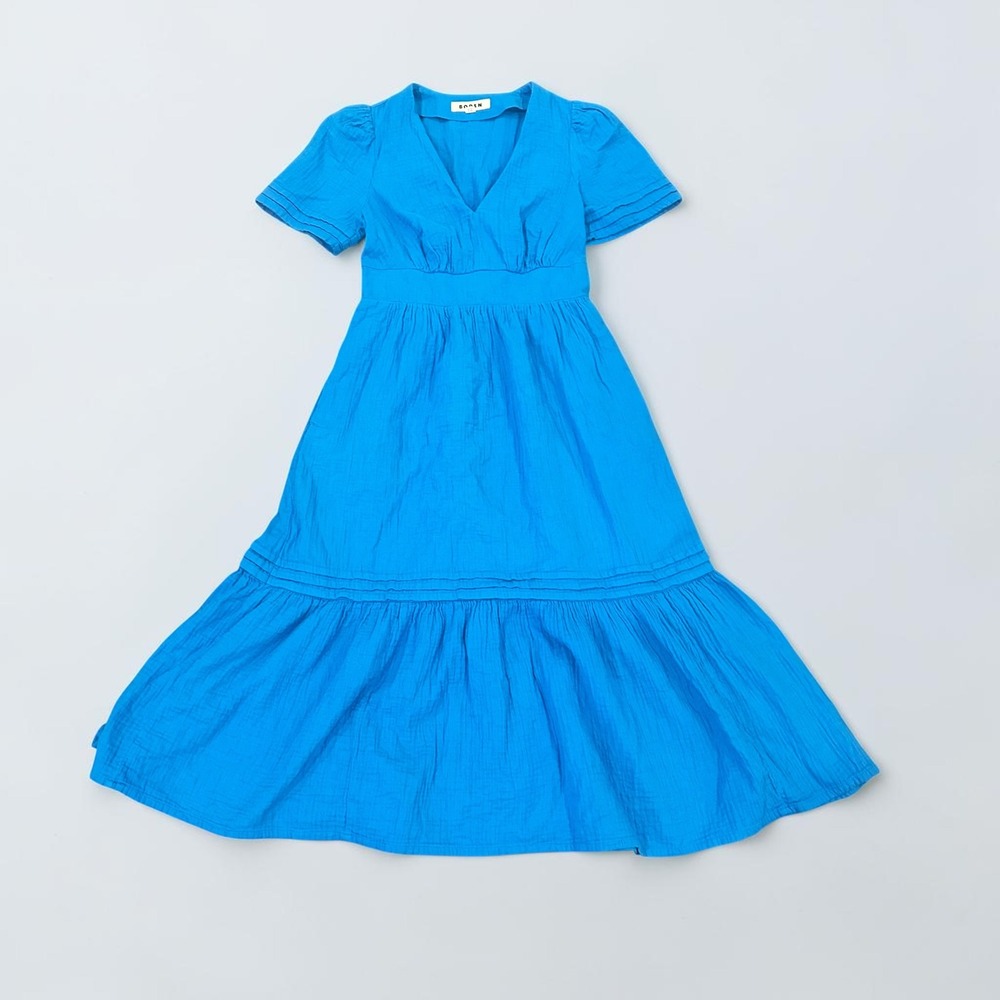 Boden Eve Cotton Gauze Tiered Midi Dress V-Neck Smocked Blue Size 4P Women